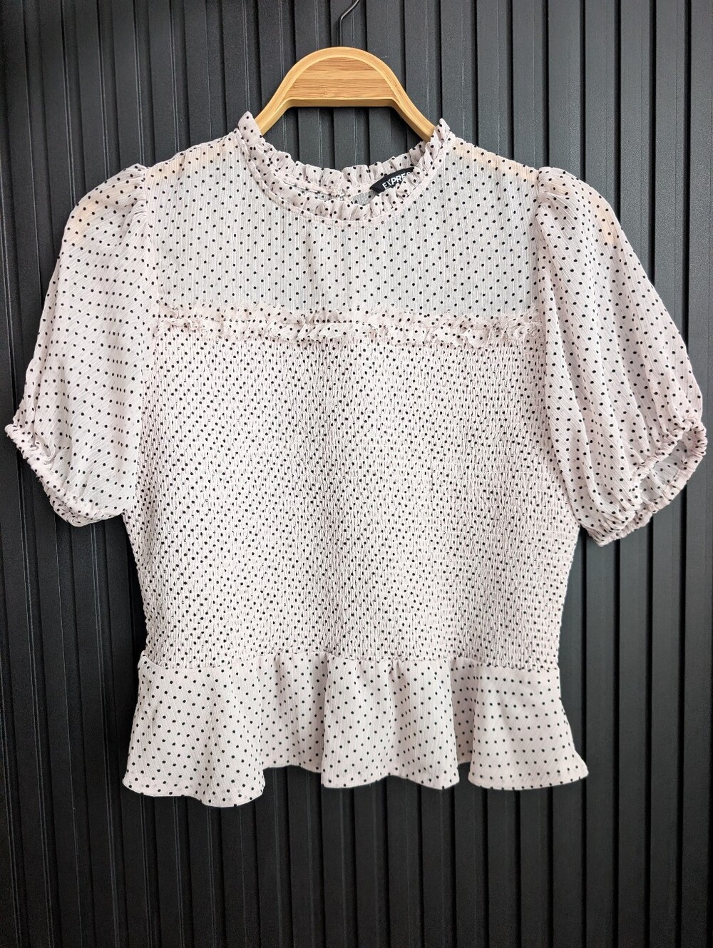 Express polka dot smocked peplum top with sheer puff sleeves | Size L